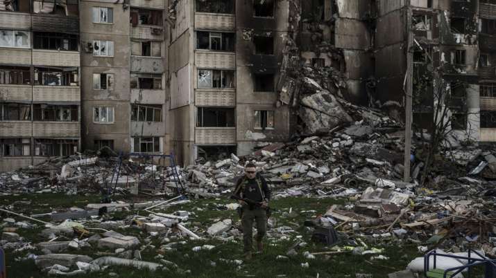 India Tv - Rubble of a building heavily damaged by multiple Russian bombardments near a frontline in Kharkiv, Ukraine, Monday, April 25, 2022.