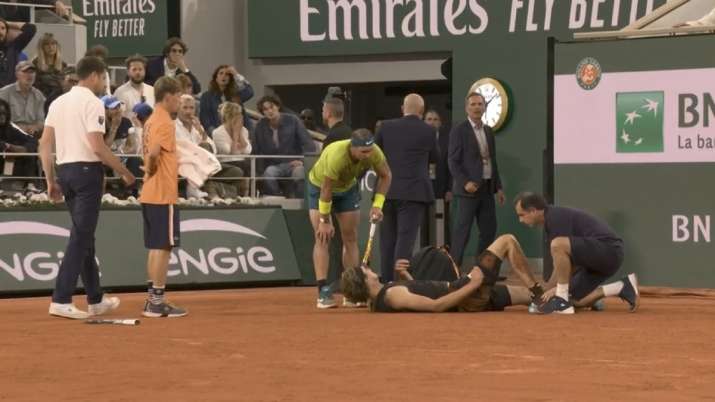 Alexander Zverev getting attention after ankle injury