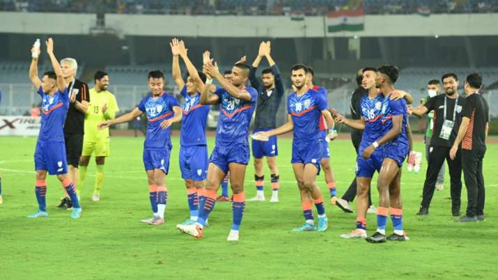 Team India celebrates after the victory against Cambodia