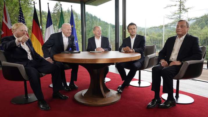 G7 leaders from left, British Prime Minister Boris Johnson,