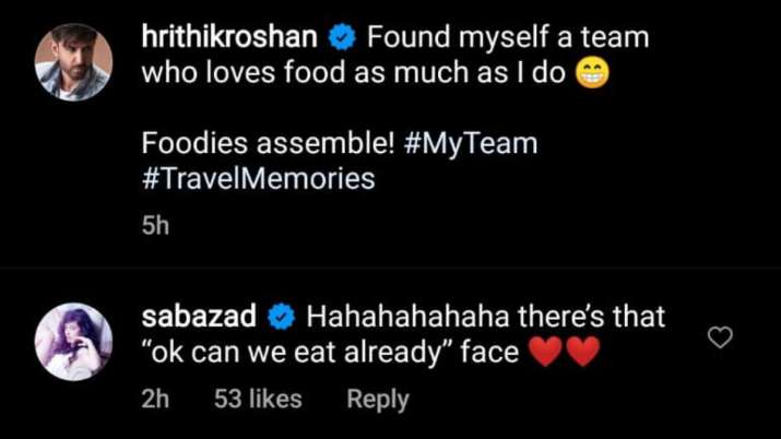 India Tv - Saba Azad's reaction to Hrithik Roshan's Instagram video