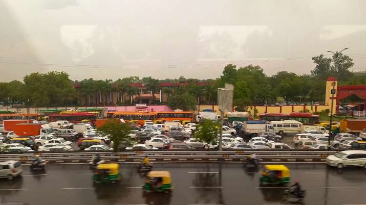 Traffic jam in Dhaula Kuan during monsoon rains, in New