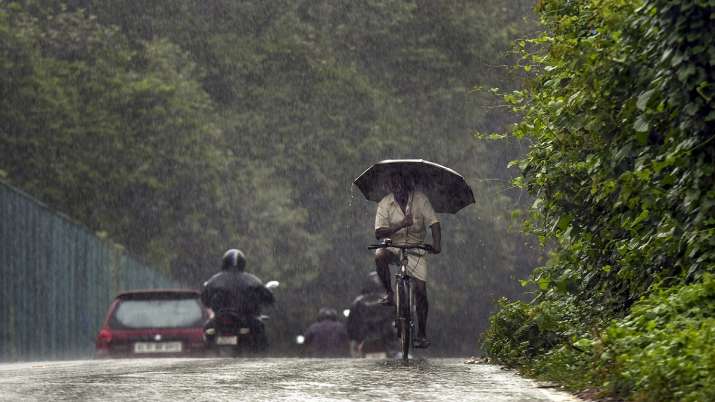 A man rides a bicycle under an umbrella in the midst of monsoon rains,