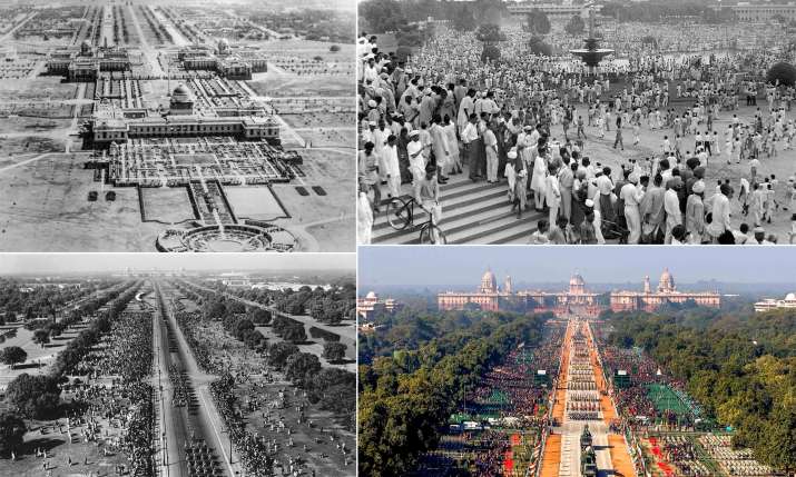India Tv - Combo image showing Rajpath and surrounding areas during pre-independence (top left), post-independence festivities in 1947 (top right), Republic Day celebrations in the early years of independence (bottom left) and recent Republic Day Celebrations in days. 