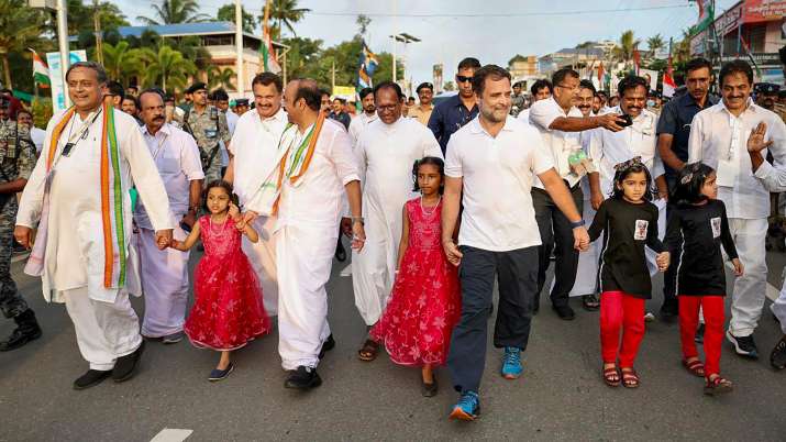 India Tv - Thiruvananthapuram: Congress leaders Rahul Gandhi, Shashi Tharoor and others during the Bharat Jodo Yatra in Kerala. 