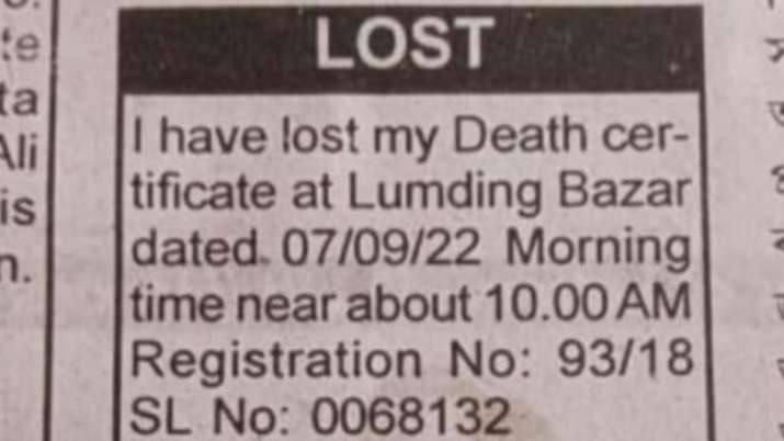 Man claims losing his death certificate in newspaper ad, netizens say 'time travel is real' - Vimarsana News