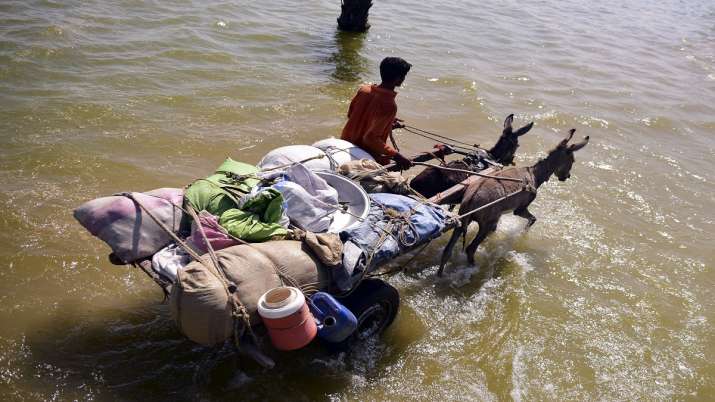 India Tv - Victim of flooding from monsoon rains carries belongings salvaged from his flooded home in Sehwan, Sindh province Pakistan. 