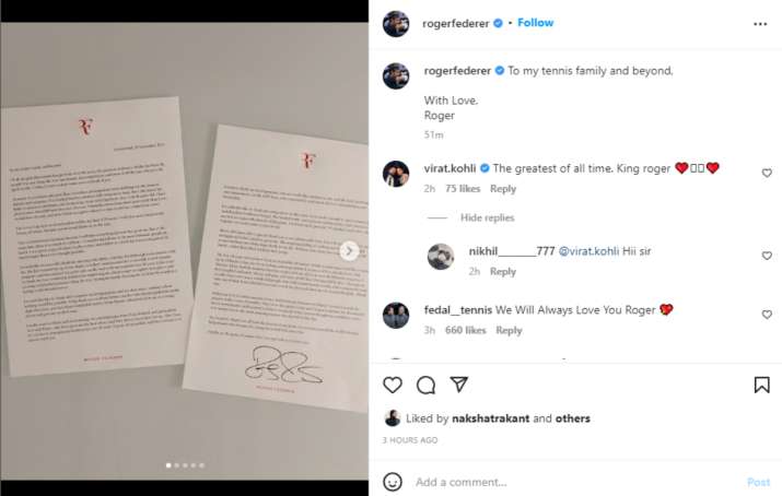 India Tv - Virat Kohli wished Federer on his Instagram post.