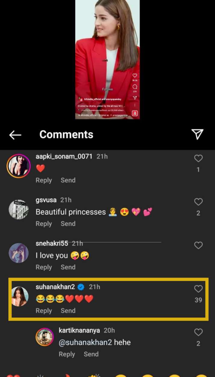 India Tv - Suhana Khan reacts to Ananya Panday's post