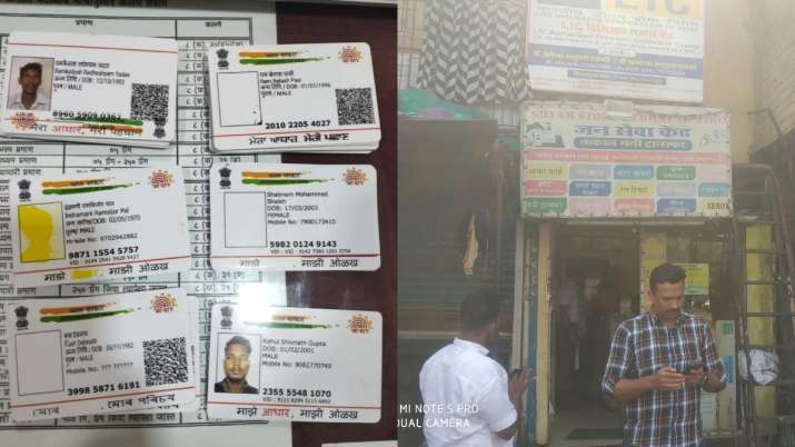 India Tv - Fake Aadhaar cards (left) recovered by the police and the spot in Goregaon from where the accused used to run the gang.  