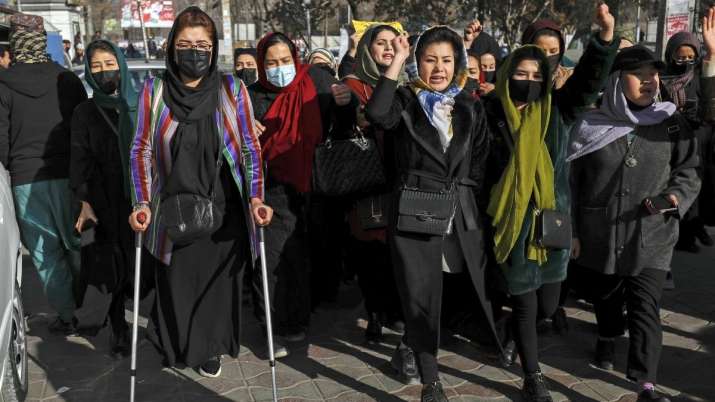 India Tv - Afghan women chanted slogans during a protest against the ban on university education for women