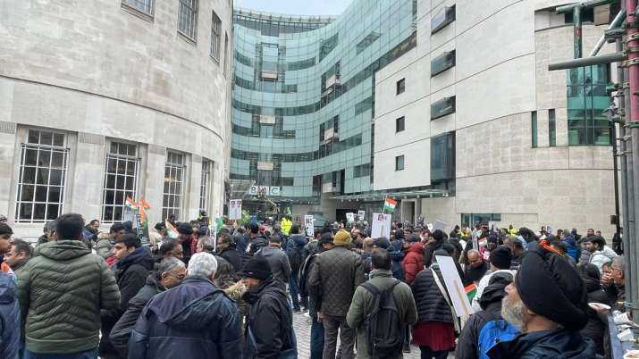 India Tv - People outside BBC headquarters in London. 