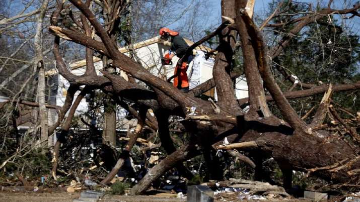 India Tv - Workers remove fallen trees as they begin to recover from a tornado that ripped through Central Alabama