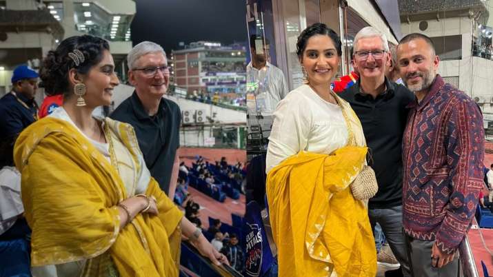 Apple CEO Tim Cook enjoys DC vs KKR match after store launch in Delhi, snapped in stands with Sonam Kapoor