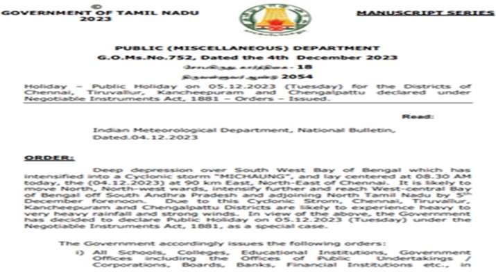 Cyclone Michaung Tamil Nadu Public Holiday Chennai Four Districts Imd ...