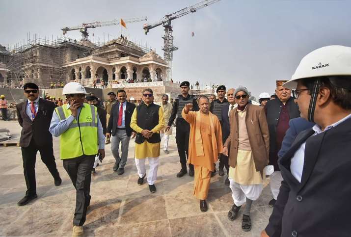 India Tv - Chief Minister Yogi Adityanath inspects the construction work of Sri Ram temple, in Ayodhya district