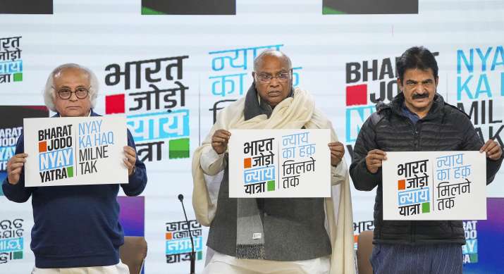 India Tv - Congress President Mallikarjun Kharge with the party leaders Jairam Ramesh and KC Venugopal during the launch of logo and anthem for the Bharat Jodo Nyay Yatra