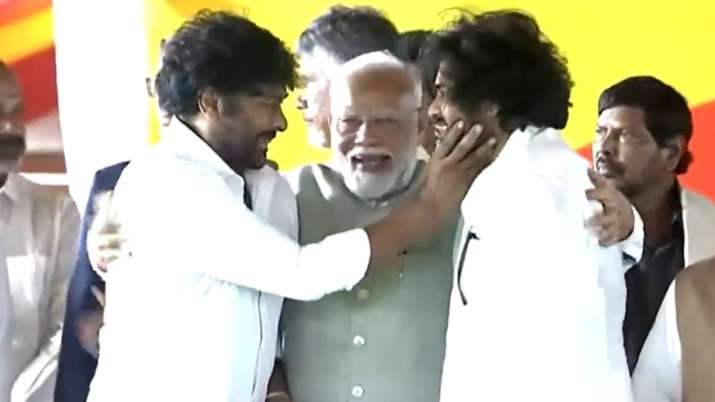 PM Modi shares warm moment with Chiranjeevi, Pawan Kalyan at Chandrababu Naidu’s oath-taking ceremony | WATCH