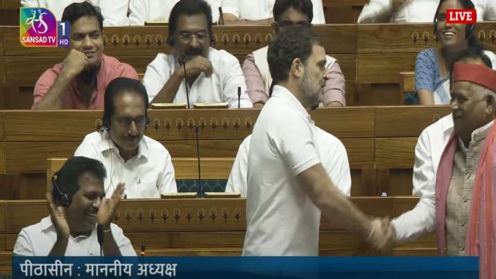 Rahul Gandhi mocks BJP over Ayodhya defeat, shakes hands with SP MP Awadhesh Prasad in Lok Sabha