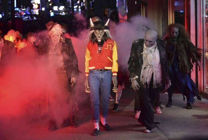 India Tv - Visitors dressed in a ghost costumes at Goosebump market as a part of Halloween festival