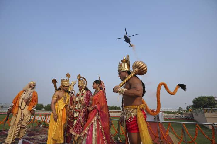 India Tv - Artists dressed as Lord Rama, Lord Lakshmana, Goddess Sita and others during ‘Deepotsav 2024’ celebr