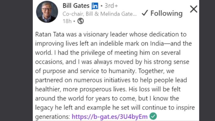 India Tv - Bill Gates, Sundar Pichai, tributes to Ratan Tata,