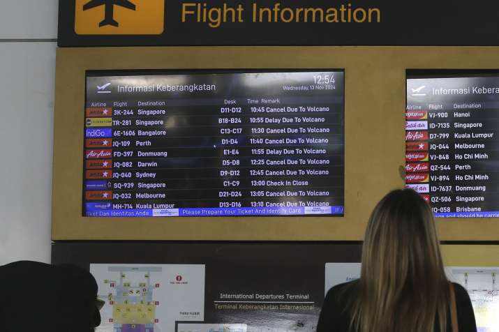 India Tv - A passenger checks a flight information board showing flights cancelled due to the eruption of Mount