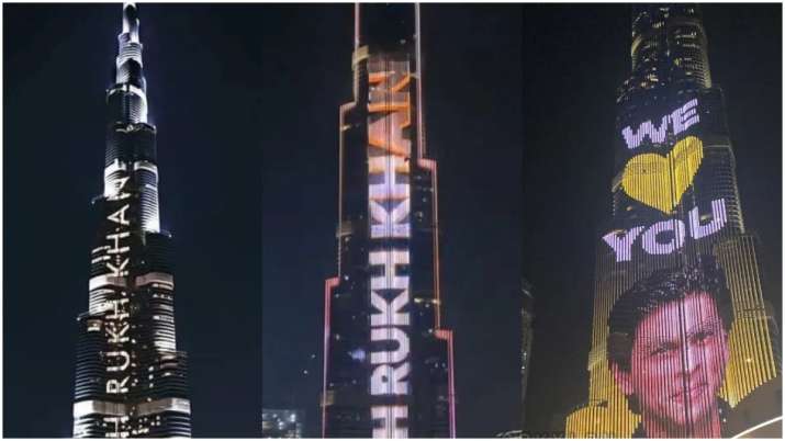 India Tv - On Shah Rukh Khan's birthday, his name lit up on the Burj Khalifa.