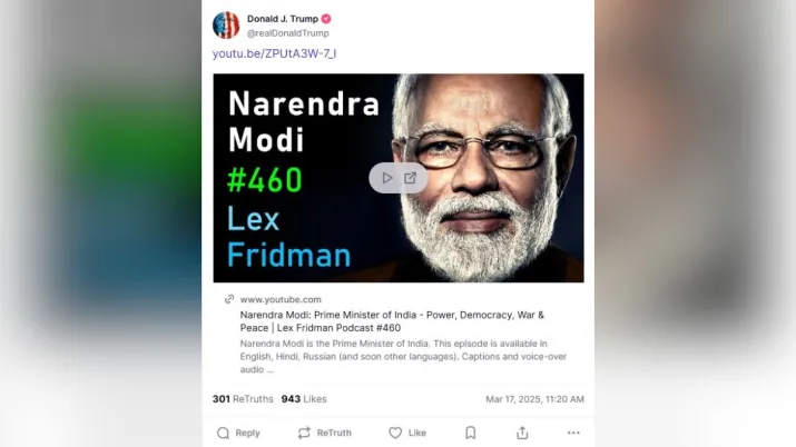 India Tv - Trump shares PM Modi's podcast on 'Truth'. 