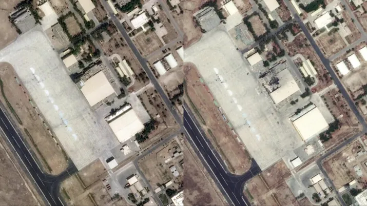 India Tv - Shahbaz Air Base, Jacobabad (Left: Before Indian Strikes | Right: After Impact of Indian Strikes) India Tv - Shahbaz Air Base, Jacobabad (Left: Before Indian Strikes | Right: After Impact of Indian Strikes)