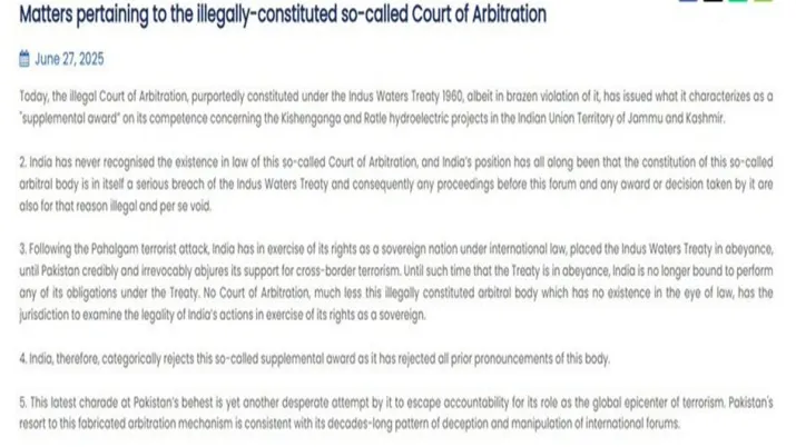 India Tv - MEA calls ruling a 'Charade at Pakistan’s Behest': Indus Water Treaty held in abeyance. India Tv - India rejects supplemental award on Jammu Kashmir dam projects, Jammu Kashmir dam projects, Kishenga