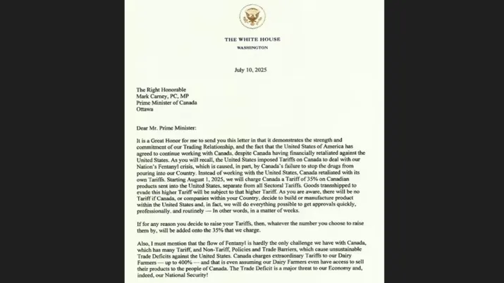 India Tv - Official letter from Trump to Mark Carney. India Tv - Official letter from Trump to Mark Carney.