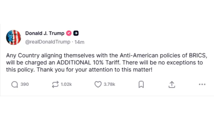 India Tv - Trump's Truth Social post India Tv - Trump, BRICS nations