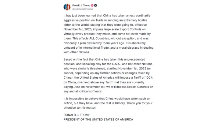 India Tv - In a post on Truth Social, Donald Trump has announced imposing additional 100 per cent tariffs on China.