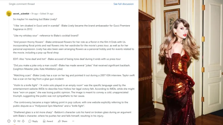 India Tv - Screenshot of a Reddit post decoding Taylor Swift’s The Life of a Showgirl lyrics with references