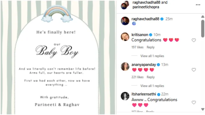India Tv - Screengrab of Kriti Sanon and Ananya Panday's comment on Parineeti Chopra, Raghav Chadha's IG post