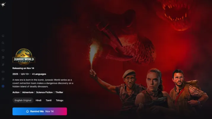 इंडिया टीवी - JioHotstar प्लेटफॉर्म से लिया गया स्क्रीनग्रैब। इंडिया टीवी - जुरासिक वर्ल्ड रीबर्थ ओटीटी रिलीज