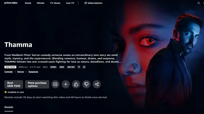India Tv - Screengrab of Thamma's streaming details taken from Prime Video