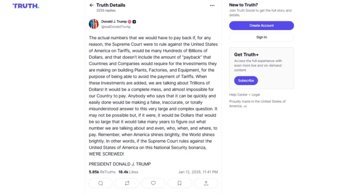 India Tv - Donald Trump's Truth Social post India Tv - trump tariffs, us tariffs, supreme court ruling, supreme court tariff case, tariffs struck down,