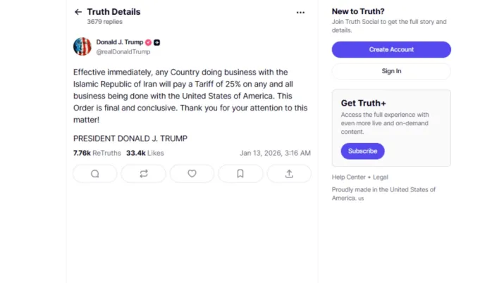 India Tv - Donald Trump's Truth Social post India Tv - Donald Trump, Iran, US Iran tariffs