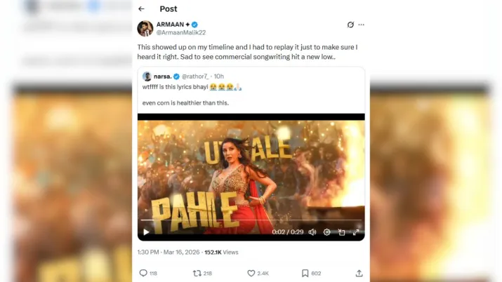 India Tv - Screengrab showing Armaan Malik's reaction to Nora Fatehi's song on X. India Tv - Screengrab showing Armaan Malik's X post