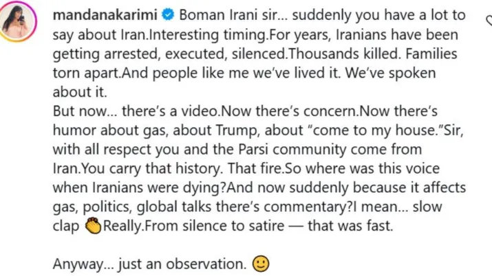 India Tv - Mandana Karimi's comment India Tv - Mandana Karimi's comment