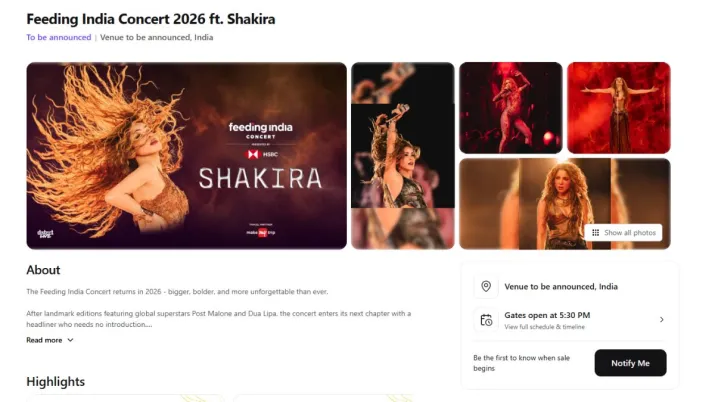 India Tv - Screengrab from District by Zomato showing the details of Shakira's concert. India Tv - Screengrab showing the details of Shakira's concert.