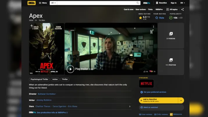 India Tv - IMDb rating of Netflix's film Apex. 