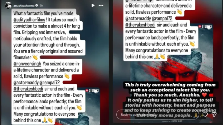 India Tv - Anushka Sharma and Aditya Dhar's Instagram stories for Dhurandhar 2 India Tv - Anushka Sharma and Aditya Dhar's Instagram stories for Dhurandhar 2