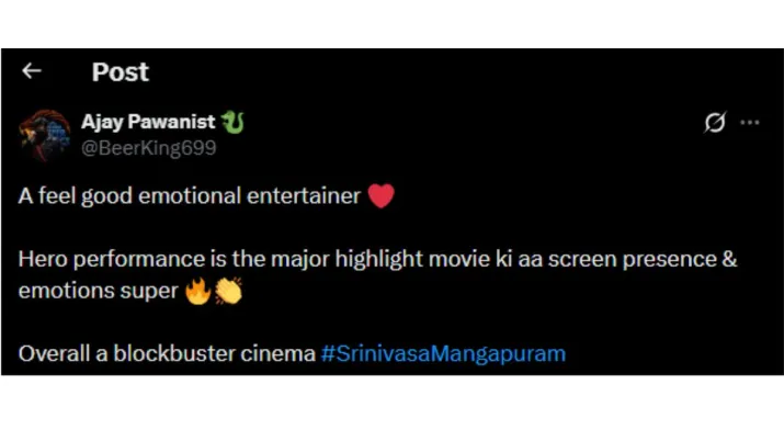 India Tv - Screengrab showing X user reacting to Srinivasa Mangapuram. India Tv - Srinivasa Mangapuram X review