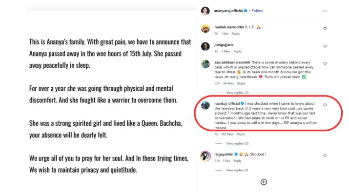 India Tv - Comment on late Ananya Raj's Instagram India Tv - Ananya Raj