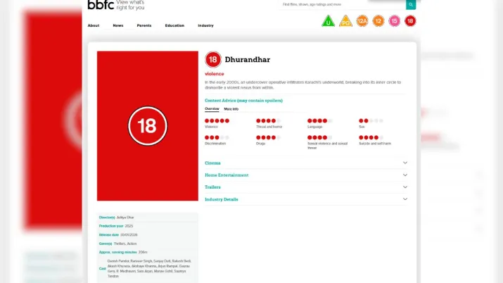 India Tv - Screengrab showing Dhurandhar's UK rating from the official website of the British Board of Film Classification (BBFC). India Tv - Dhurandhar's UK rating