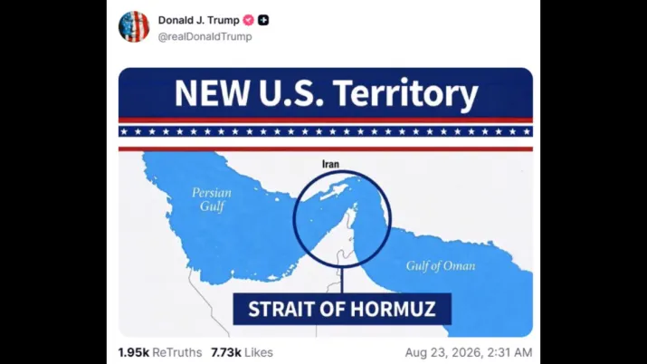 India Tv - Donald Trump has once again shared another image calling Strait of Hormuz a US territory.