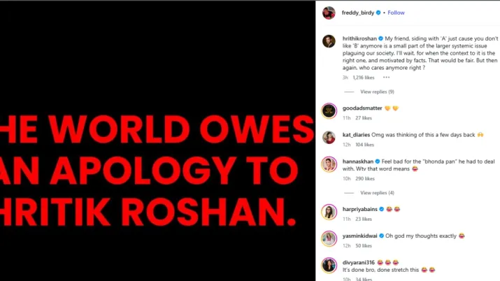 India Tv - Hrithik Roshan responds to Freddy Birdy's instagram post India Tv - Hrithik Roshan responds to Freddy Birdy's instagram post